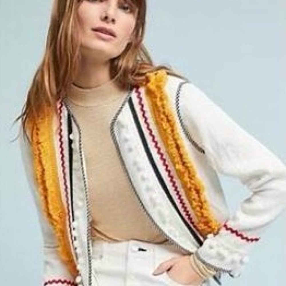 NWT Anthropologie English Factory Selina Pom Blazer, Size L, Cream and Orange